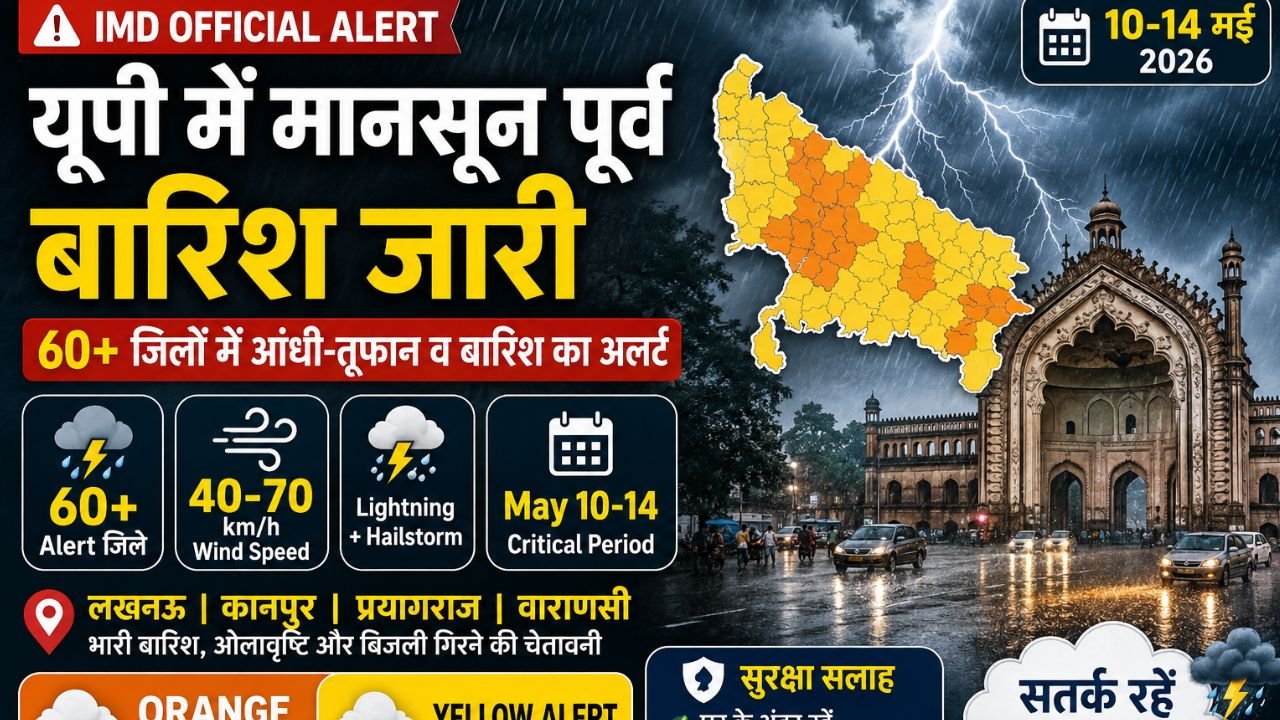 यूपी में मानसून पूर्व बारिश जारी: 60+ जिलों में आंधी-तूफान व बारिश का अलर्ट